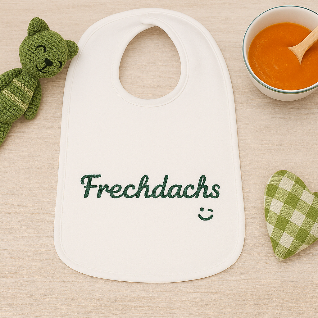 Baby Kinder Lätzchen "Frechdachs" Stickerei 35x24 cm weiß Bio-Jersey