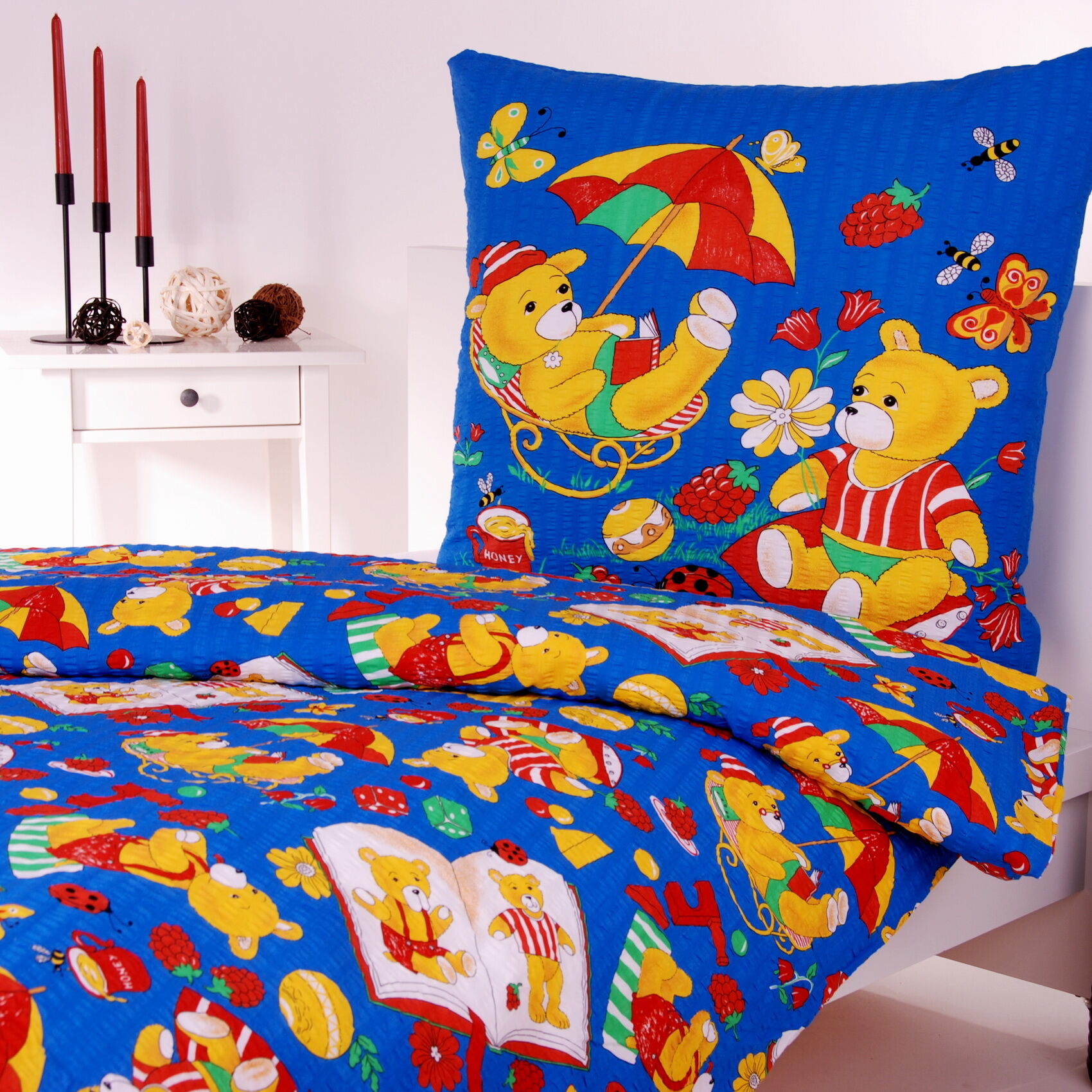 Seersucker Kinderbettwäsche Bären Urlaub Blau