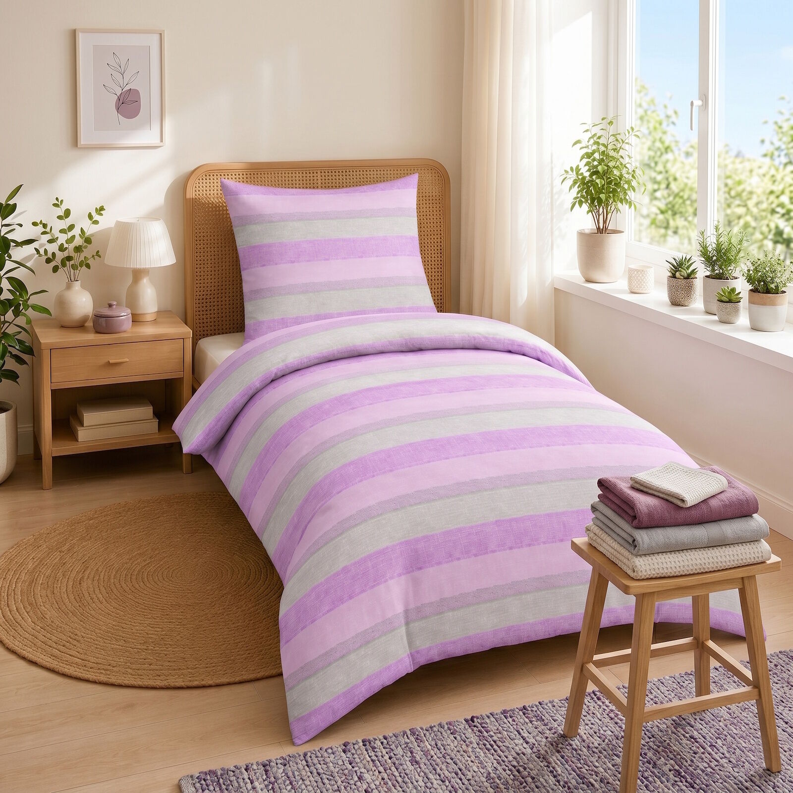 Bettwäsche Streifen Pink Rosa Grau 135x200 Baumwolle