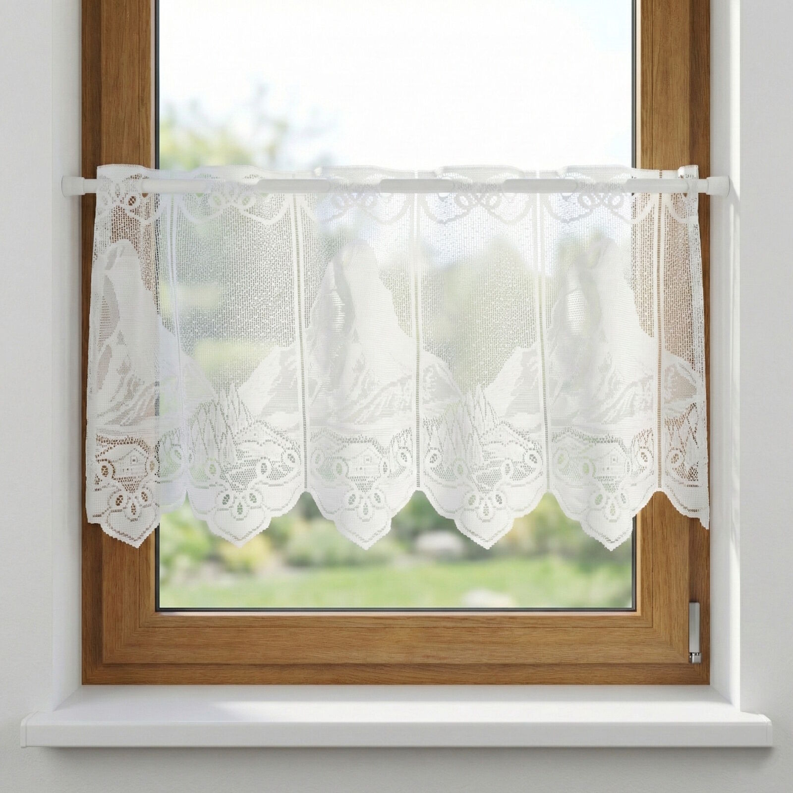 Scheibengardine Alpen Meterware Berge Hüttenmotiv