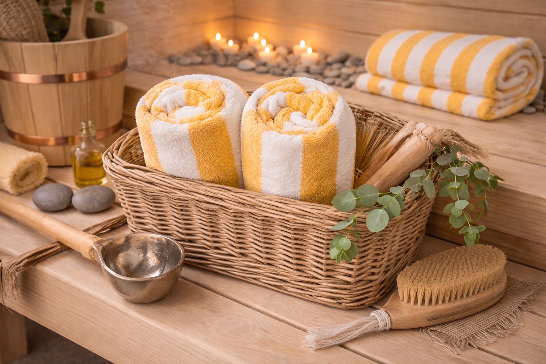 2er Pack Saunatücher Weiß Gelb gestreift 70x200 cm