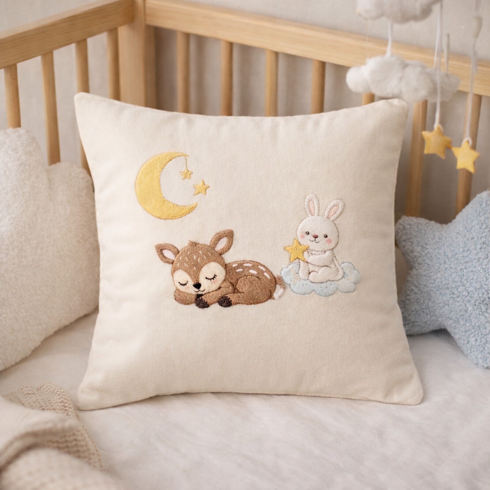 Kinderkissen 40x40 Reh Hase Mond bestickt Baumwolle