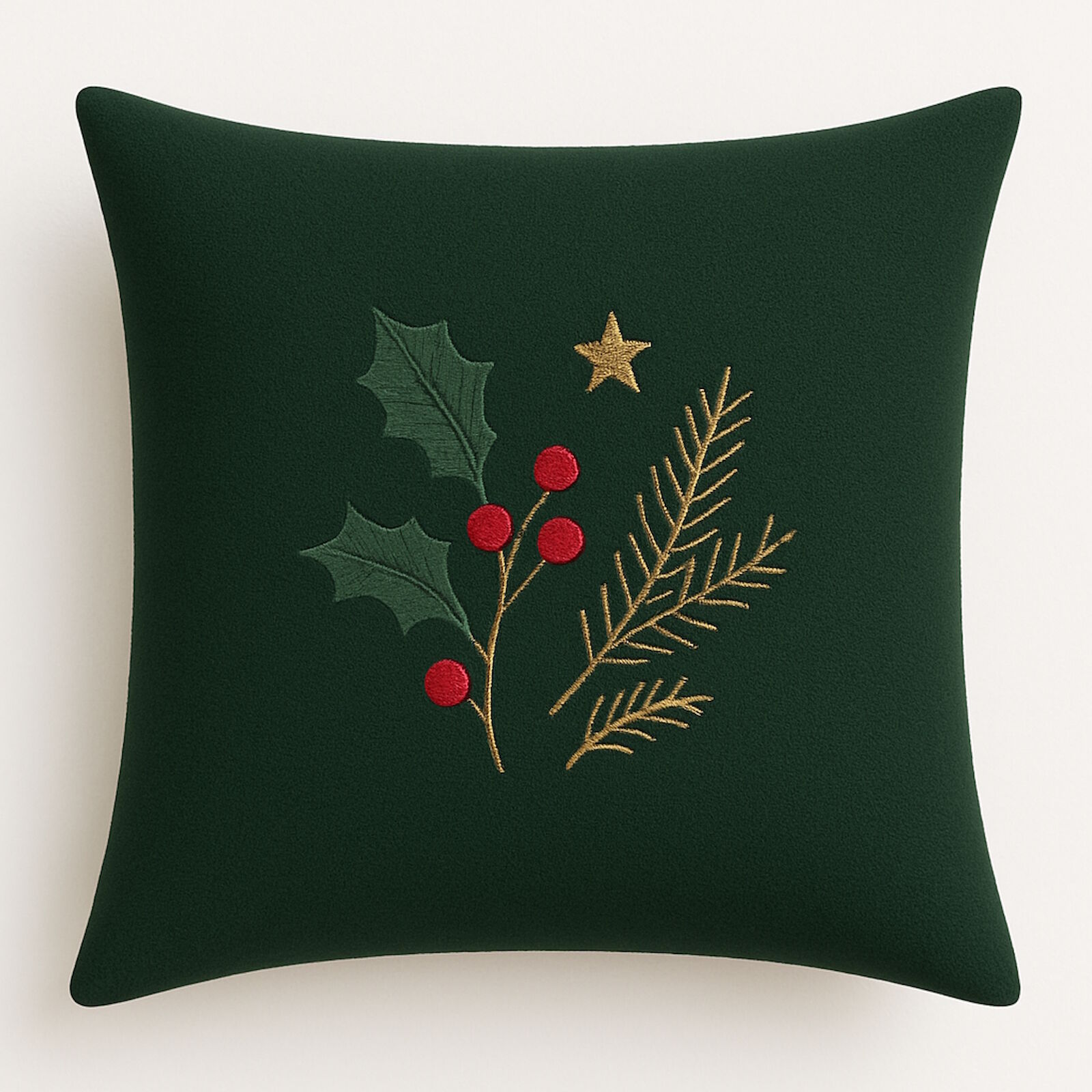 Weihnachtskissen Dunkelgrün mit Stern & Zweigen bestickt 40x40