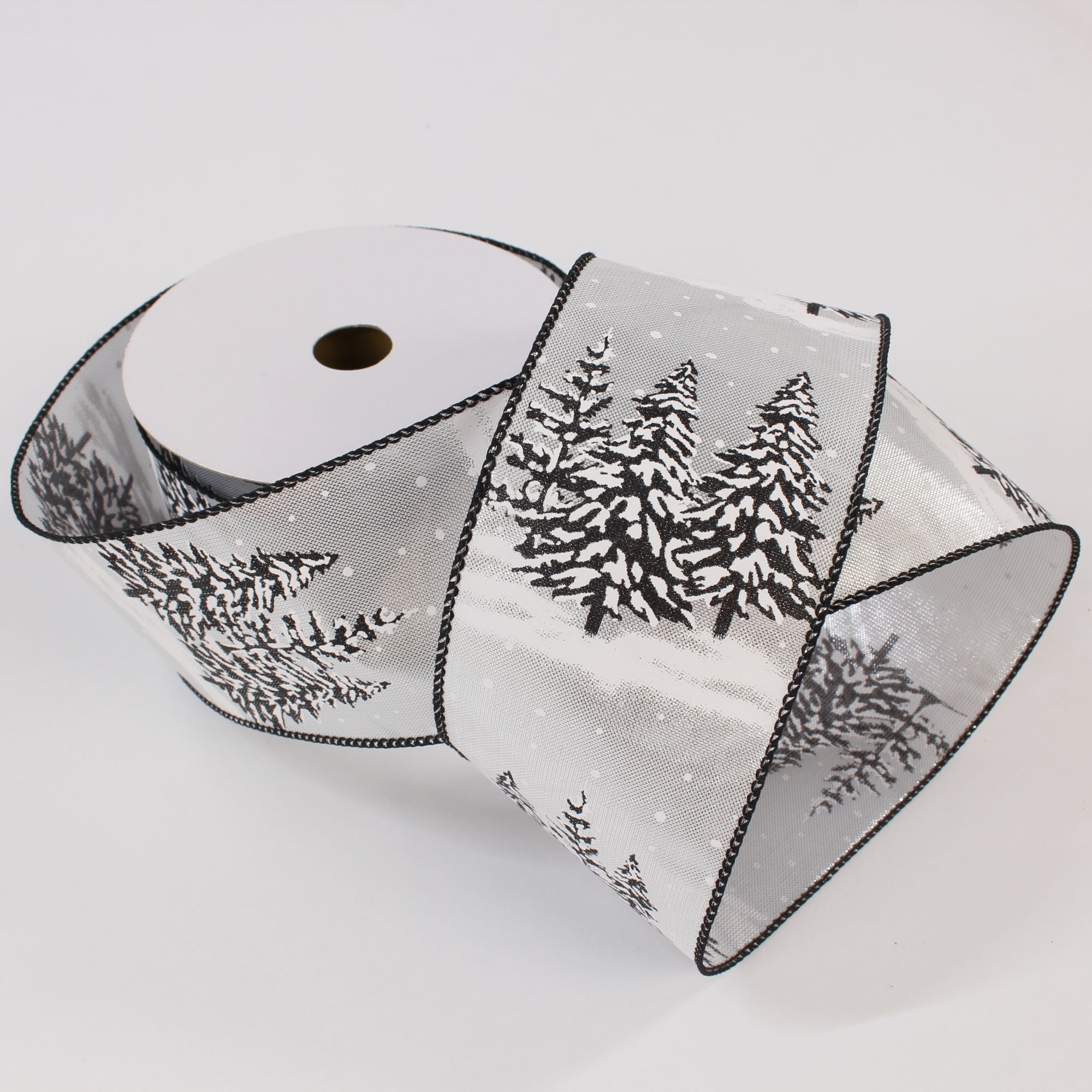 Dekoband Taft Bäume Winter silber mit Draht 60 mm - 15 Meter