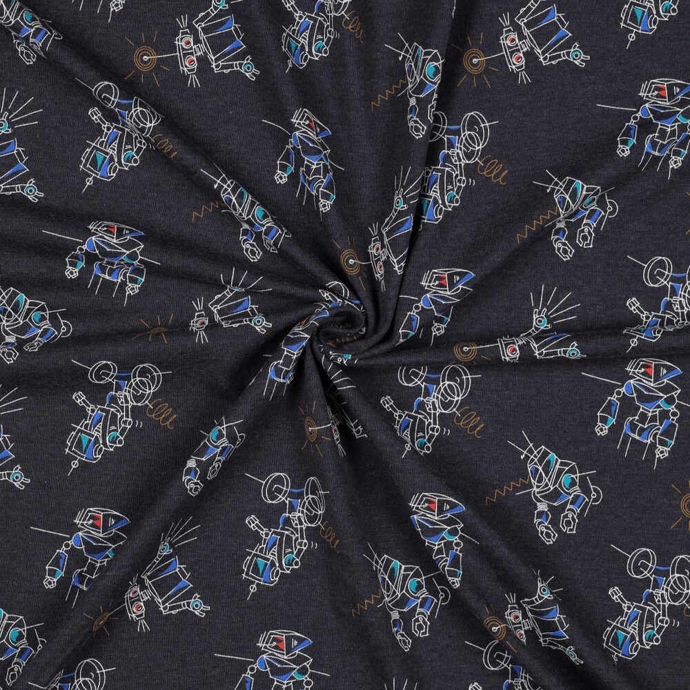 Stoff Meterware Roboter Indigo Blau Meliert Jersey