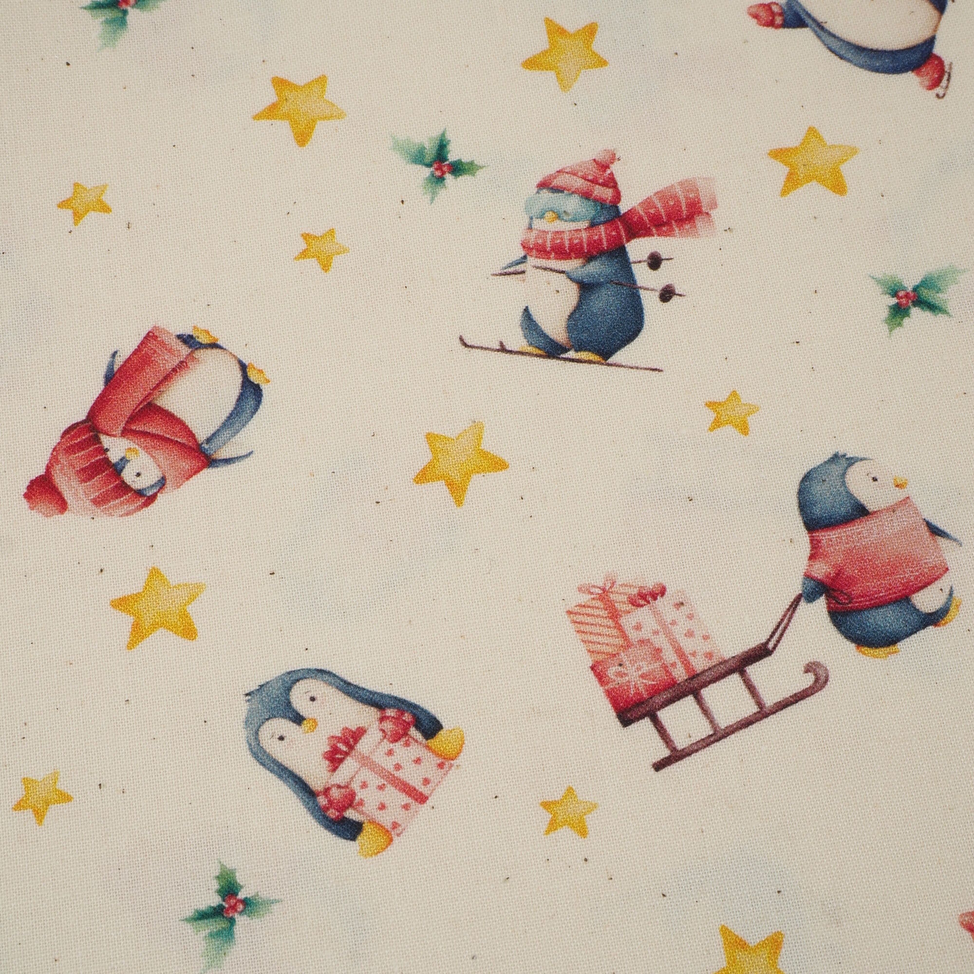 Stoff Meterware Pinguin Schlitten Ski Winter Baumwolle