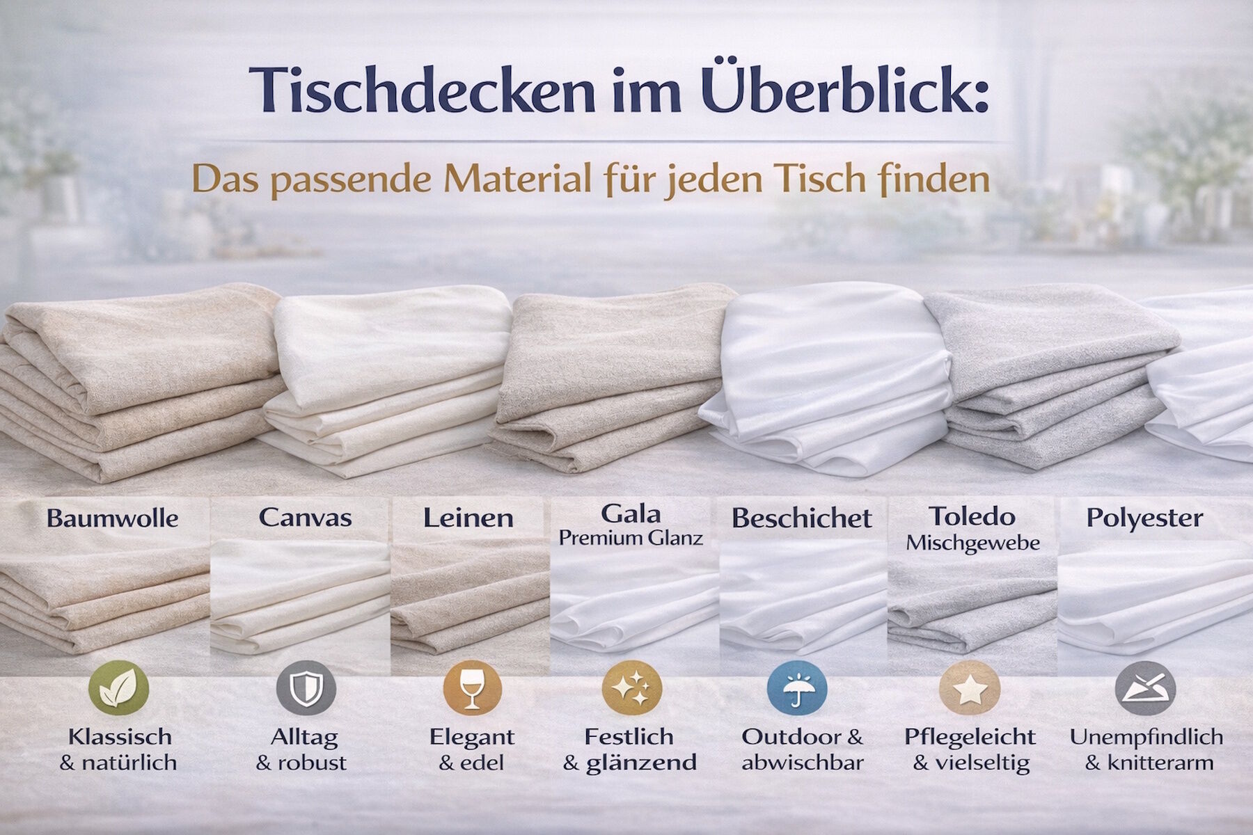 Tischdecken-Materialien vergleichen: Baumwolle, Leinen, Polyester, Mischgewebe & beschichtet