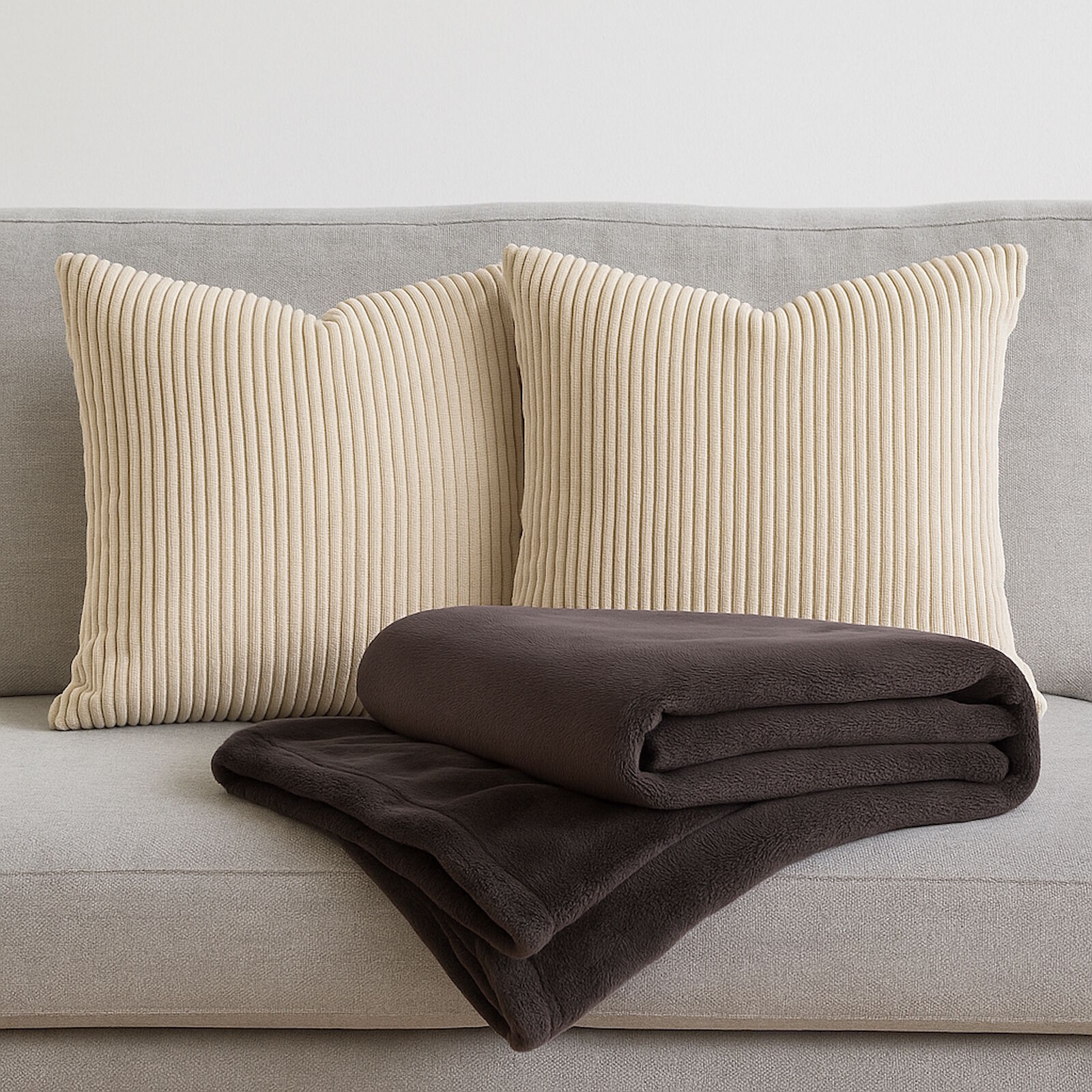 Cozy Cord Kissen Kuscheldecke Set Beige Dunkelgrau