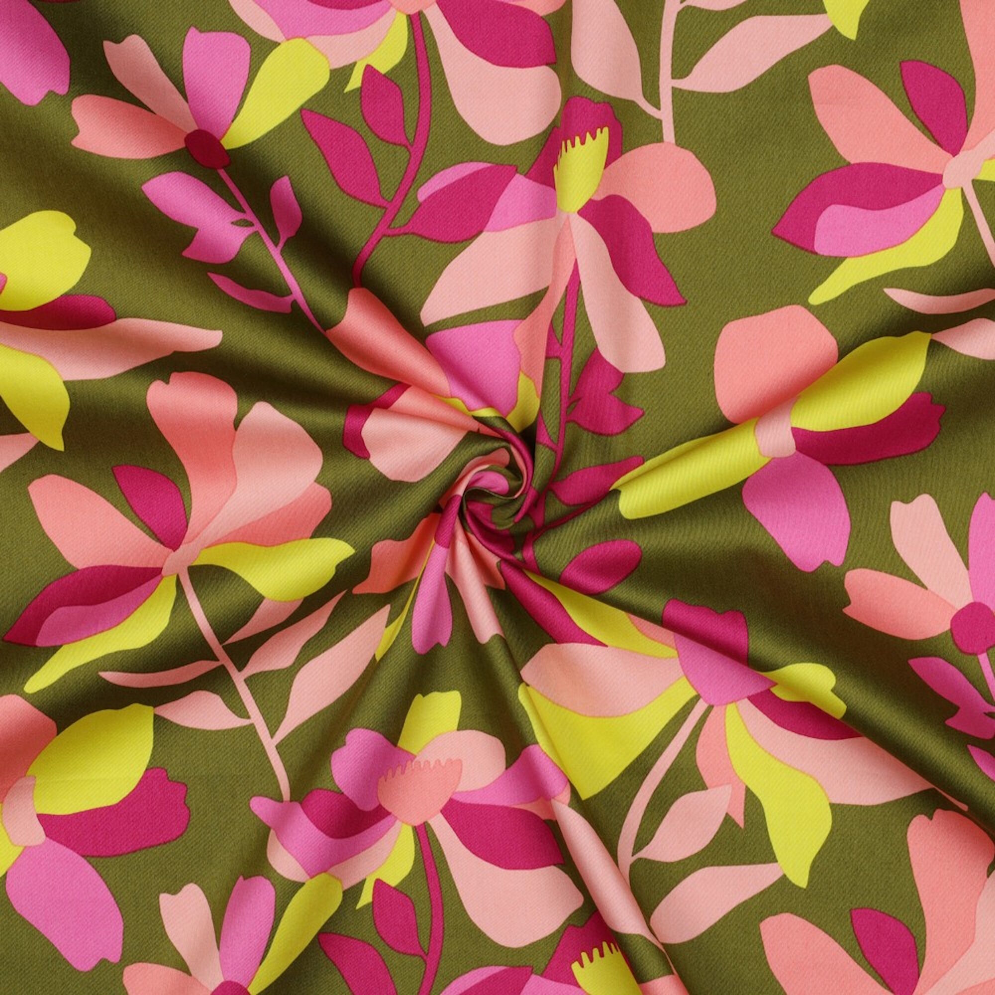 Stoff Meterware Blumen Sommer Grün Baumwolle Satin
