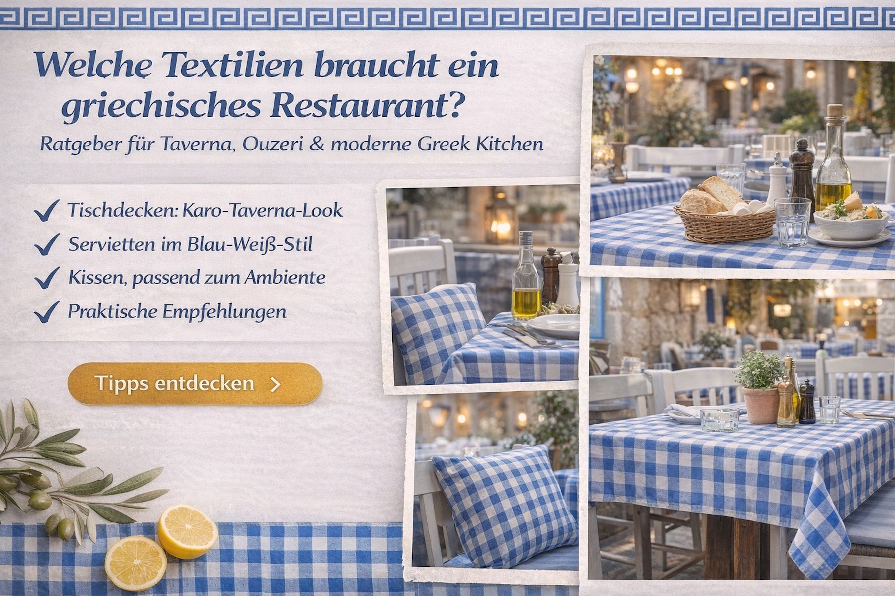 Textilien fürs griechische Restaurant: Taverna-Style mit Uni & Blau-Karo
