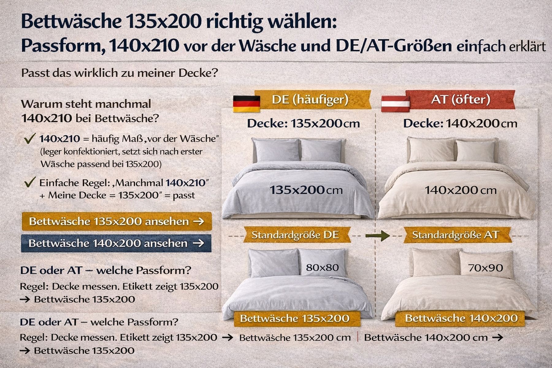 Bettwäsche 135x200: Welche Größe passt? 140x210 vor Wäsche + 140x200